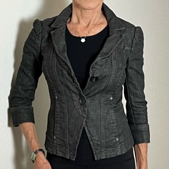 Y2K Miss Sixty Denim Blazer Black Fitted Lace Up Corset Back Military Stretch XS